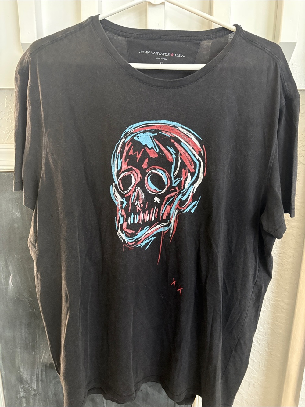 John Varvatos Black Short-Sleeve Tee with Red and Light Blue Skull Graphic